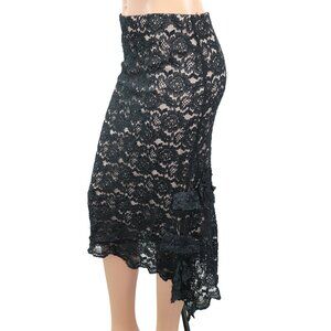 Vintage Y2K Le Chateau Black Lace Fitted Midi Skirt Nude Lining M